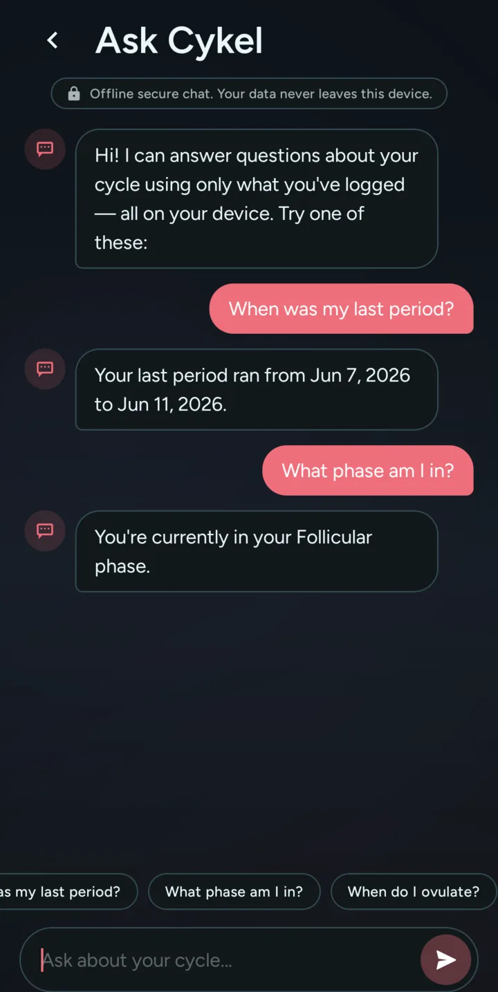 Ask Cykel chat in dark mode