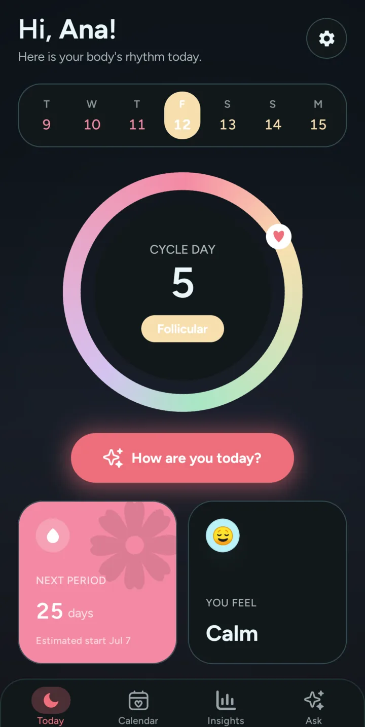 Cykel Today screen in dark mode — cycle ring, phase and daily cards