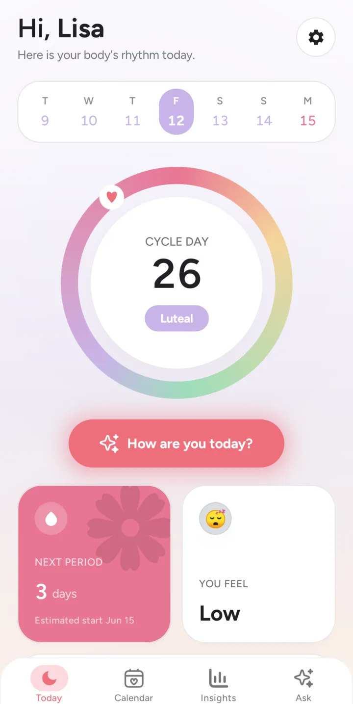 Cykel Today screen — cycle ring, phase and daily cards